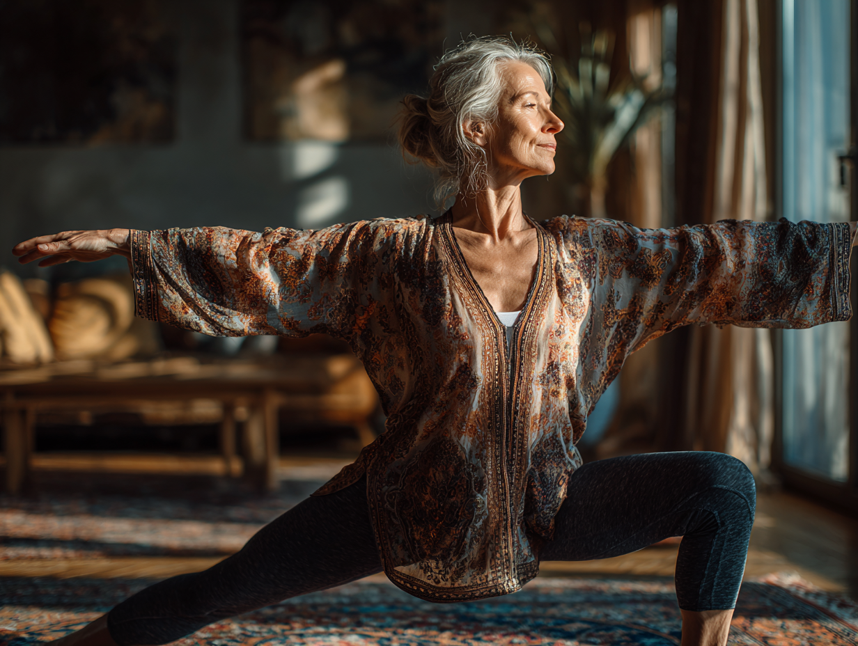 Інструктор допомагає жінці зрілого віку виконувати вправу йоги